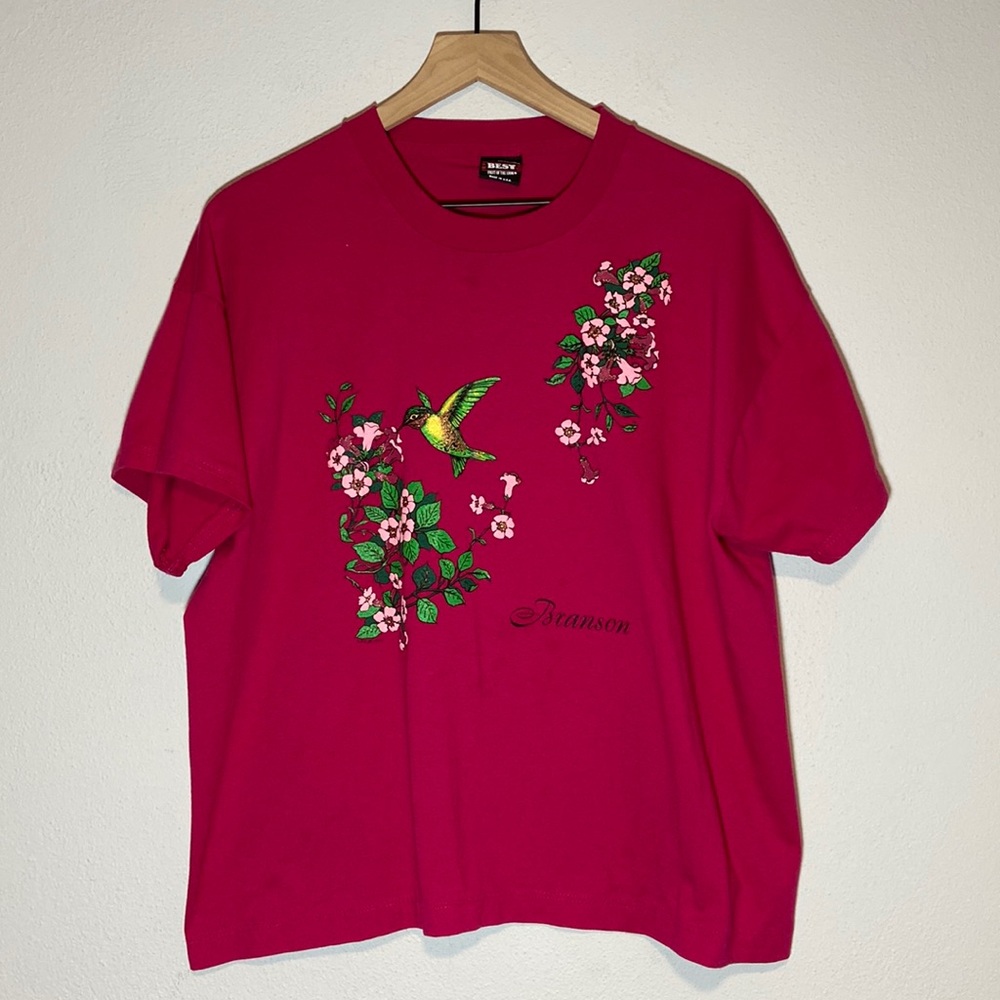 Vintage Fruit of the Loom Branson Glitter Hummingbird and Flower Tee Pink Sz XL